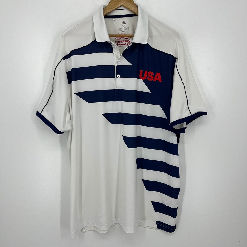 Adidas Mens 2XL USA Golf Polo Shirt White Navy Blue Striped Cold Springs